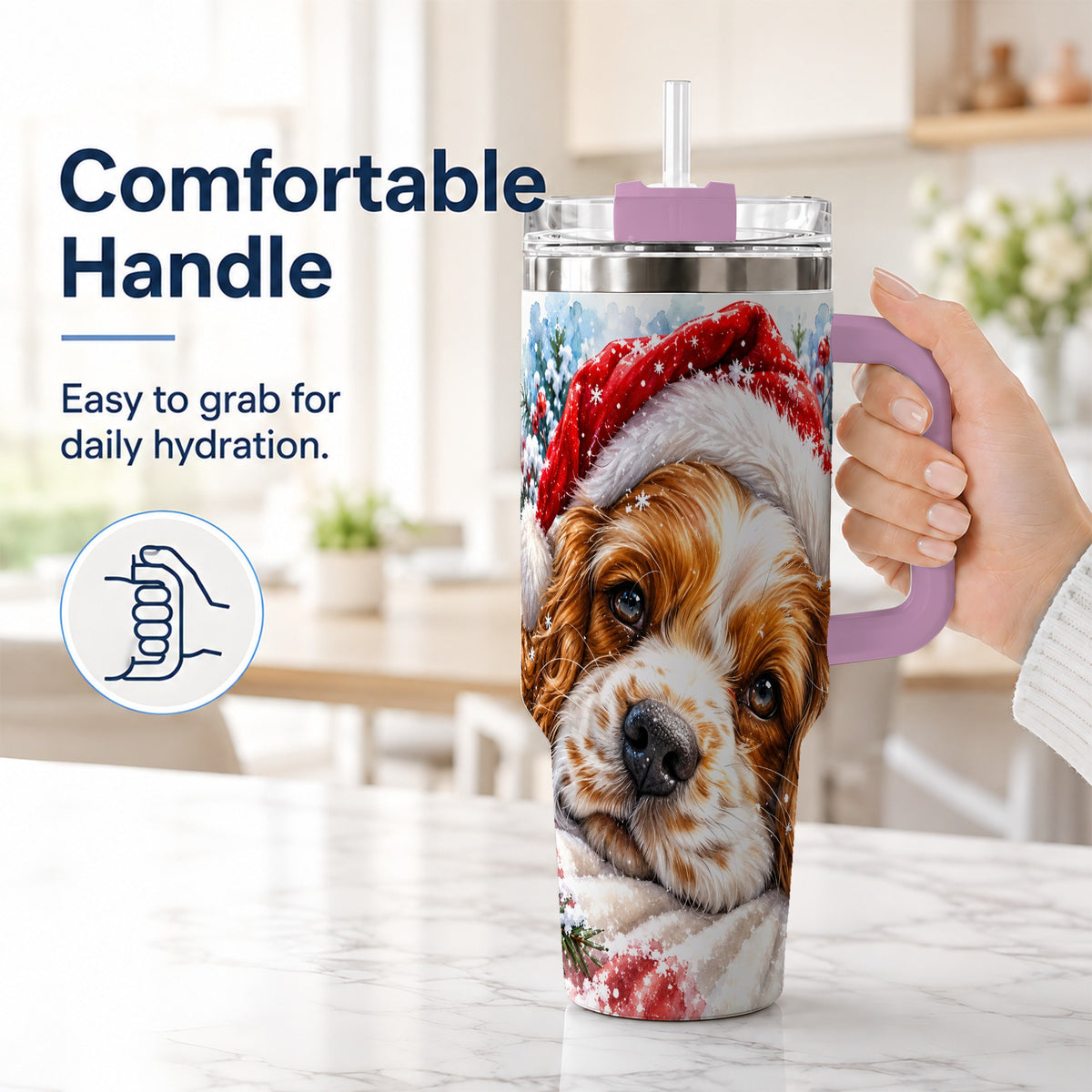#pl[40oz|Pink] Christmas Spaniel 40oz Tumbler with Handle, Dog Holiday Travel Cup