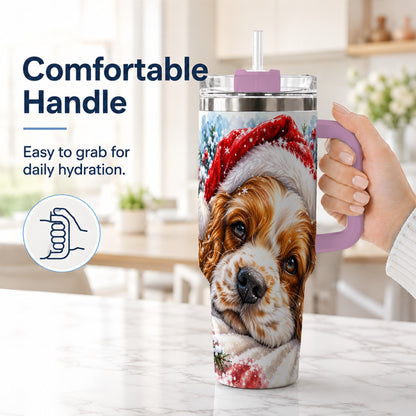 #pl[40oz|Pink] Christmas Spaniel 40oz Tumbler with Handle, Dog Holiday Travel Cup