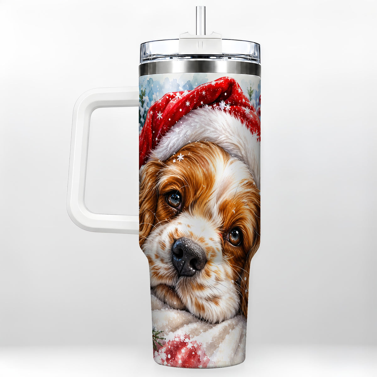 Christmas Spaniel 40oz Tumbler with Handle, Dog Holiday Travel Cup