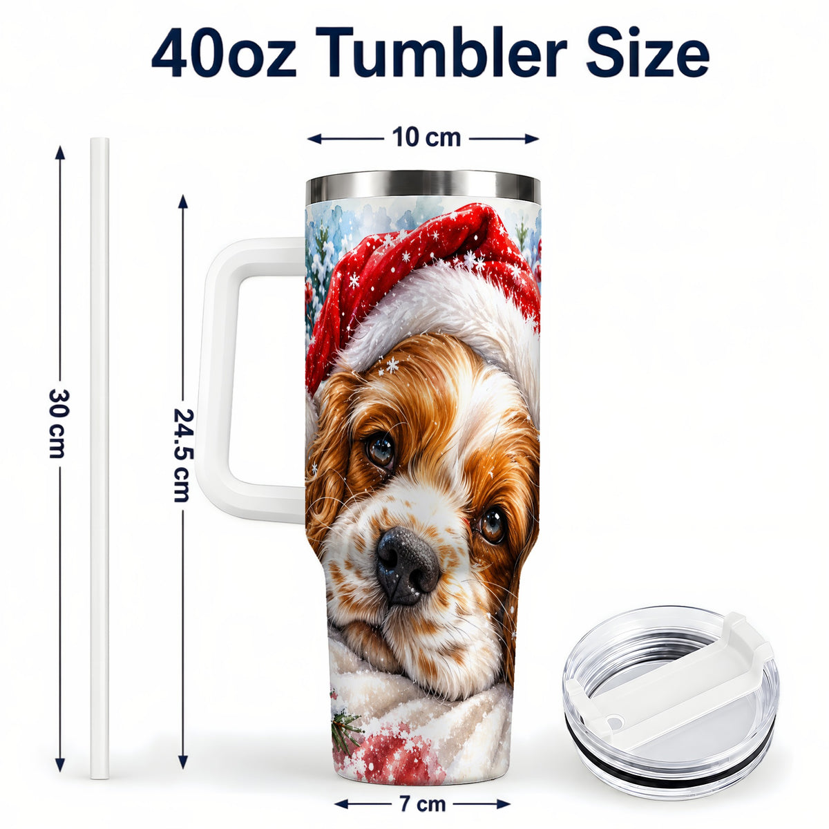 #pl[40oz|White] Christmas Spaniel 40oz Tumbler with Handle, Dog Holiday Travel Cup