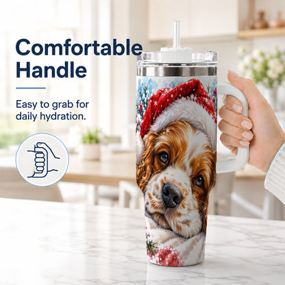 #pl[40oz|White] Christmas Spaniel 40oz Tumbler with Handle, Dog Holiday Travel Cup