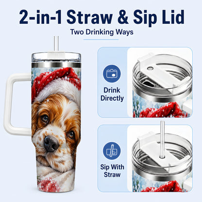 #pl[40oz|White] Christmas Spaniel 40oz Tumbler with Handle, Dog Holiday Travel Cup