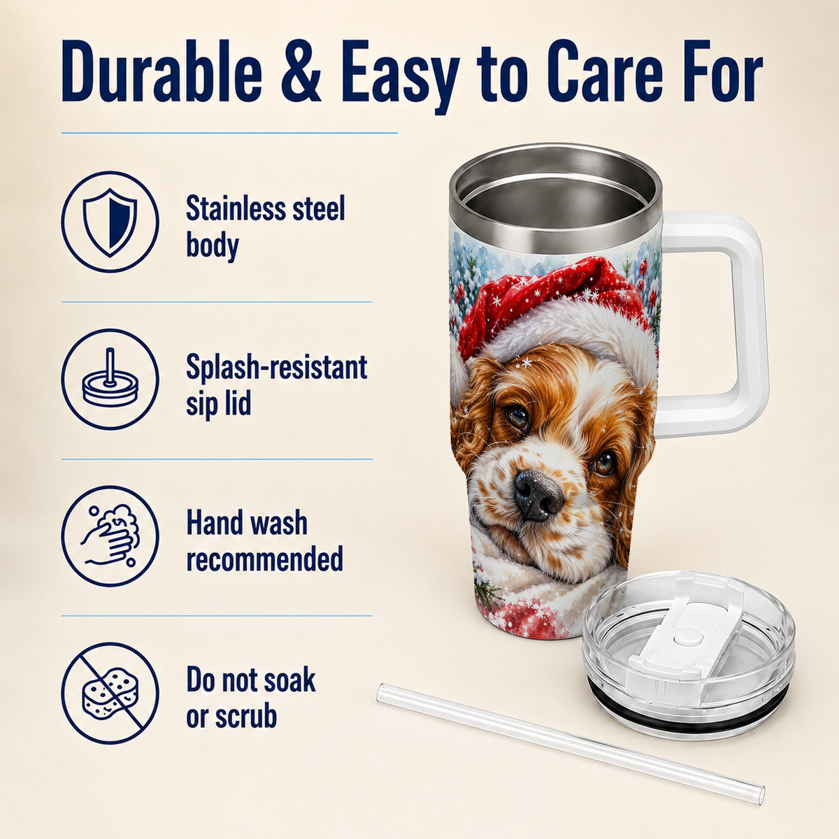 Christmas Spaniel 40oz Tumbler with Handle, Dog Holiday Travel Cup