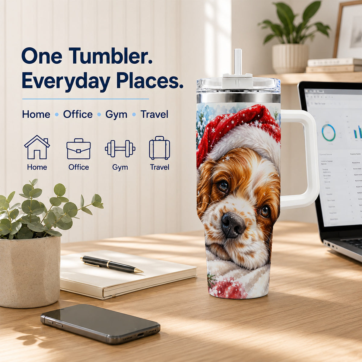 Christmas Spaniel 40oz Tumbler with Handle, Dog Holiday Travel Cup