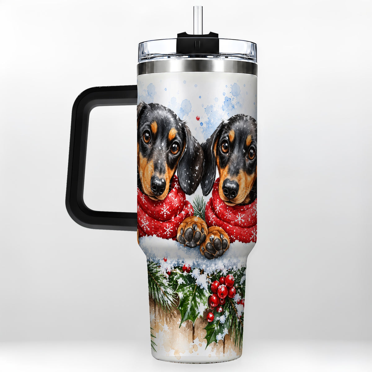 #pl[40oz|Black] Christmas Dachshund 40oz Tumbler with Handle, Winter Dog Travel Cup