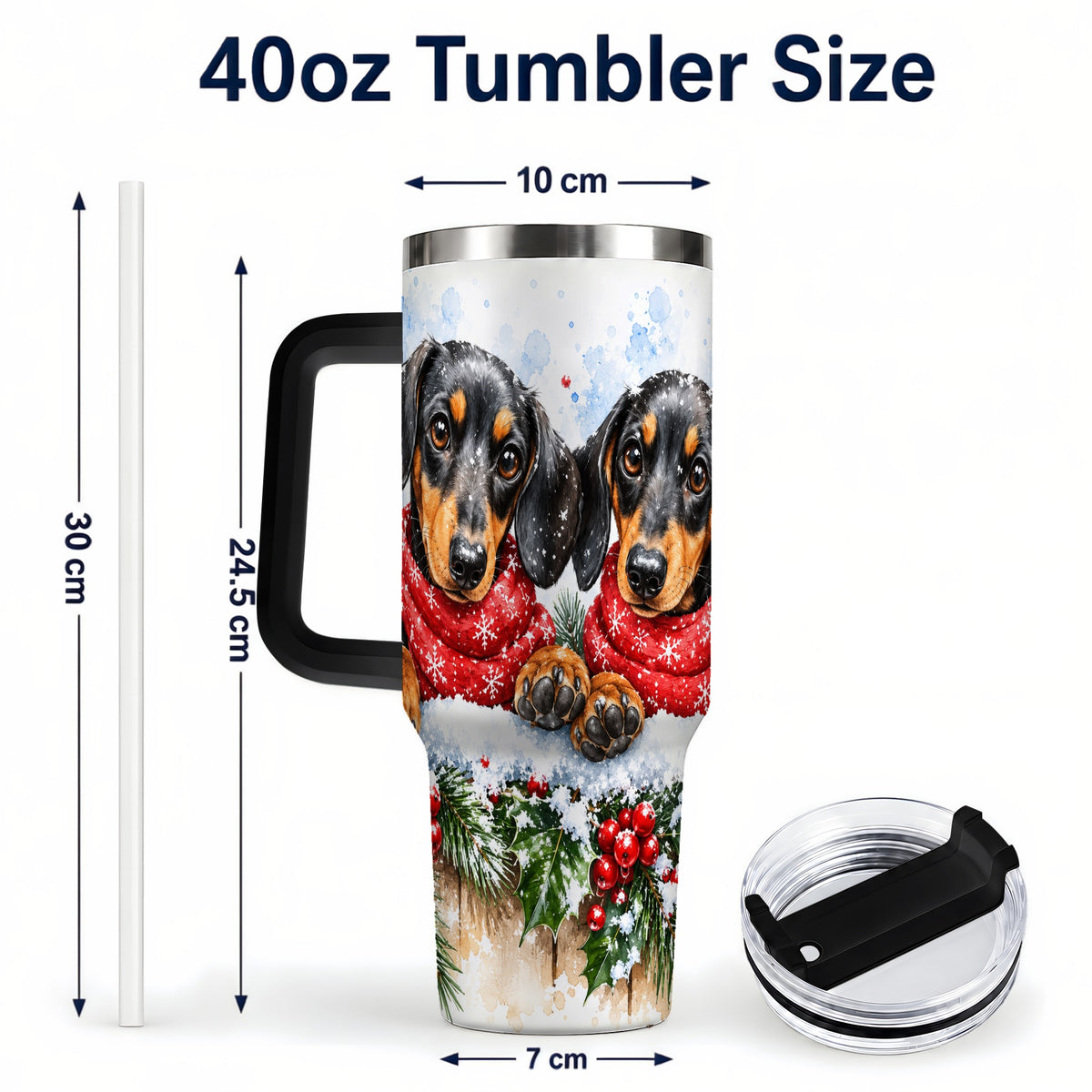 #pl[40oz|Black] Christmas Dachshund 40oz Tumbler with Handle, Winter Dog Travel Cup