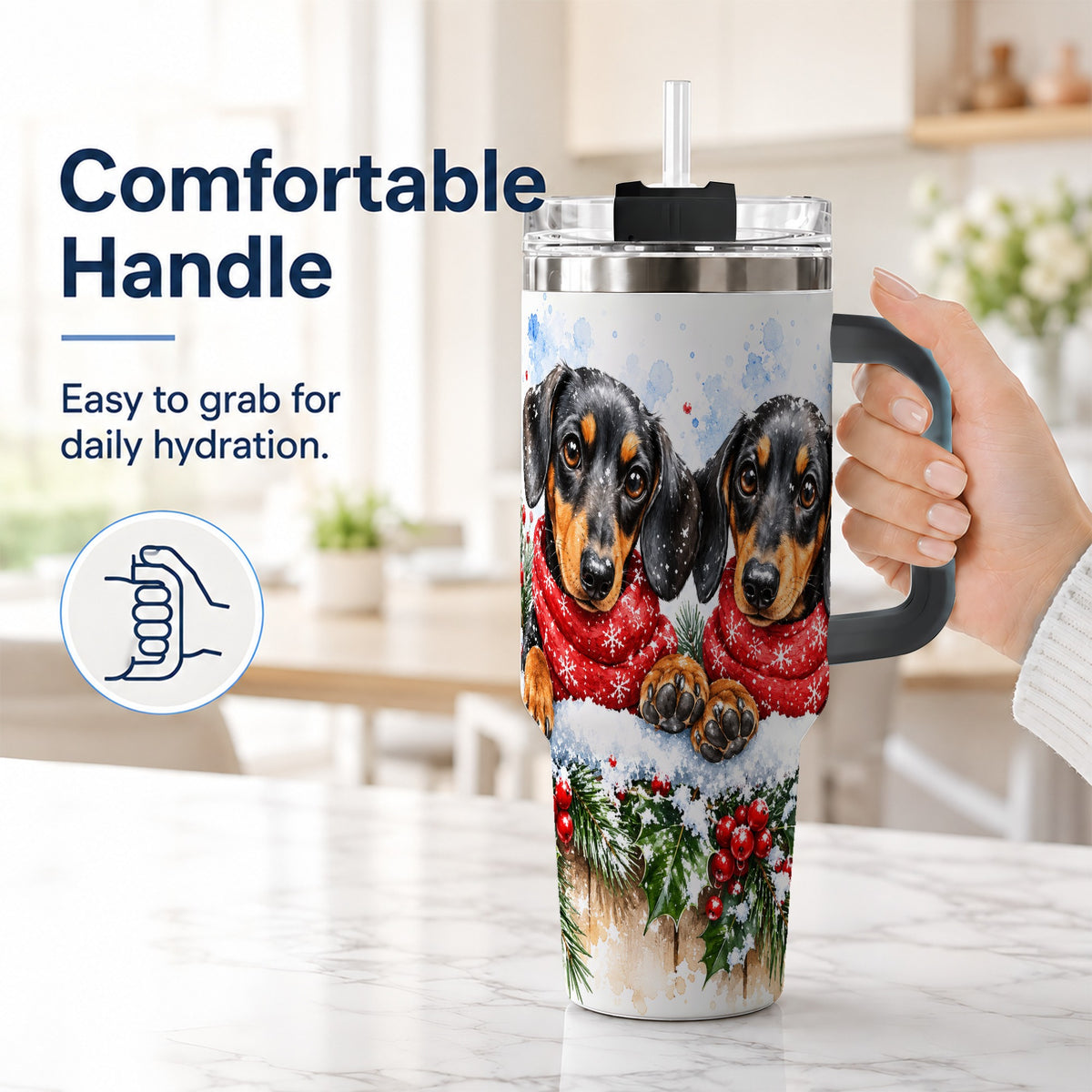 #pl[40oz|Black] Christmas Dachshund 40oz Tumbler with Handle, Winter Dog Travel Cup
