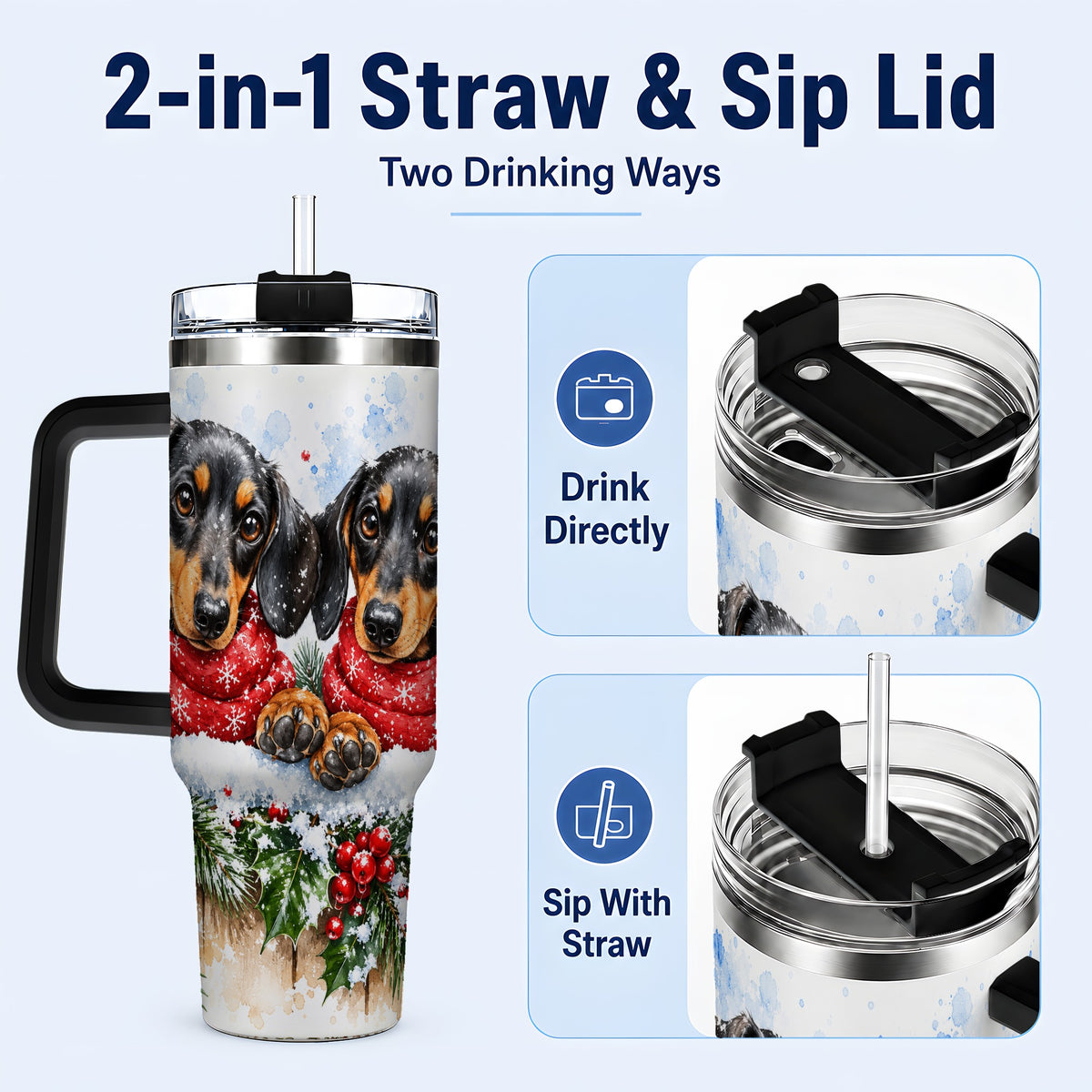 #pl[40oz|Black] Christmas Dachshund 40oz Tumbler with Handle, Winter Dog Travel Cup