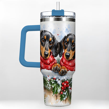 #pl[40oz|Blue] Christmas Dachshund 40oz Tumbler with Handle, Winter Dog Travel Cup