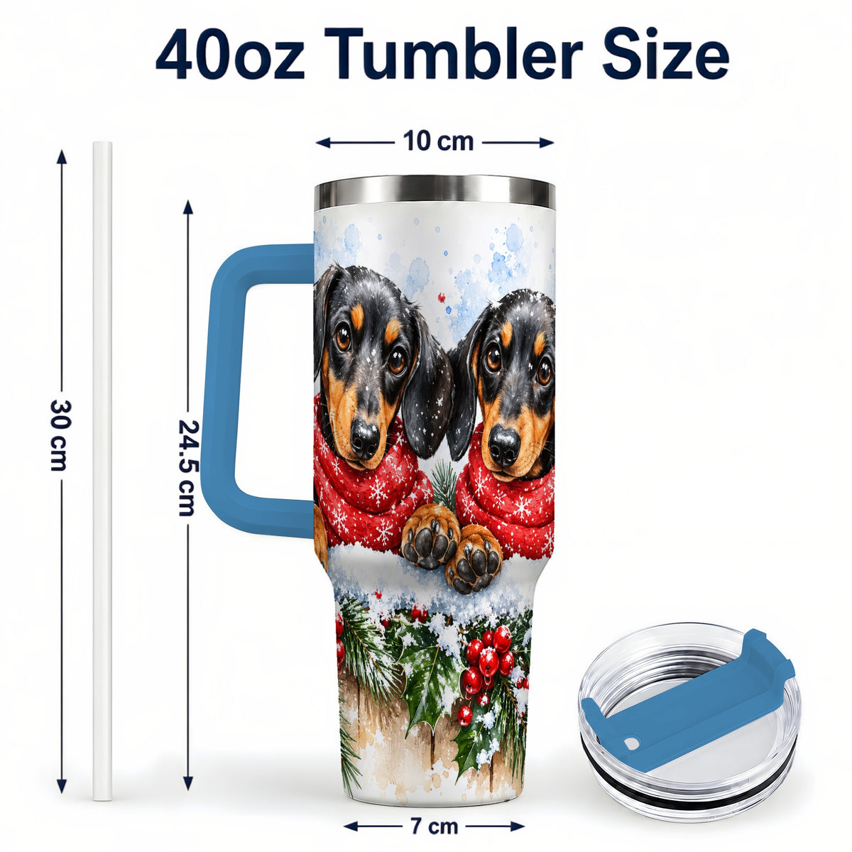 #pl[40oz|Blue] Christmas Dachshund 40oz Tumbler with Handle, Winter Dog Travel Cup