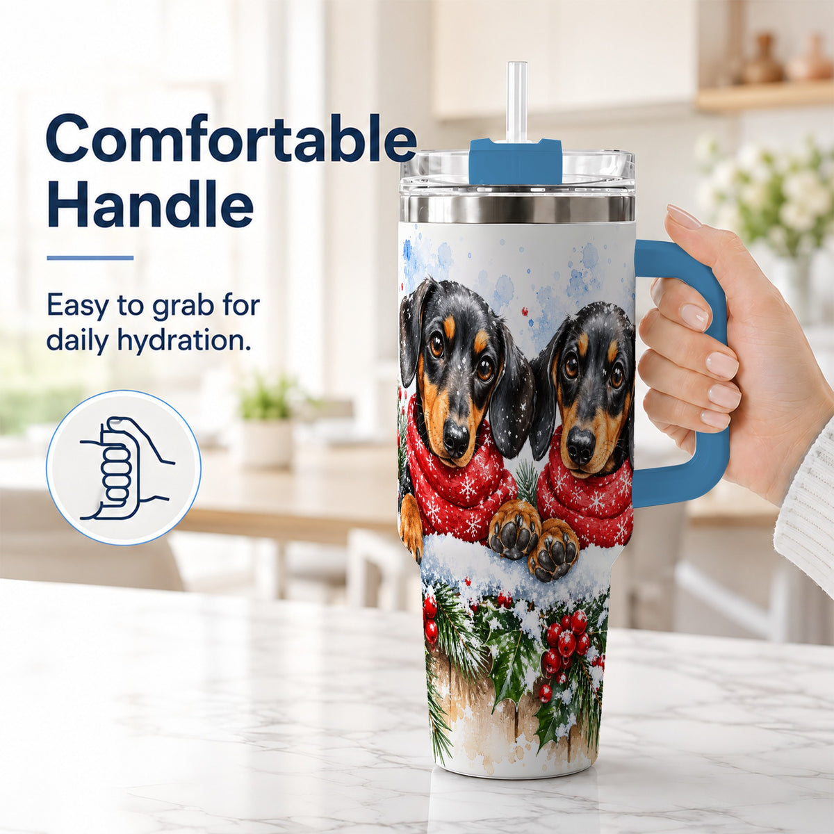 #pl[40oz|Blue] Christmas Dachshund 40oz Tumbler with Handle, Winter Dog Travel Cup