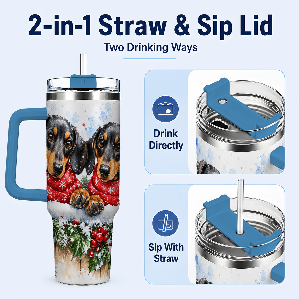 #pl[40oz|Blue] Christmas Dachshund 40oz Tumbler with Handle, Winter Dog Travel Cup