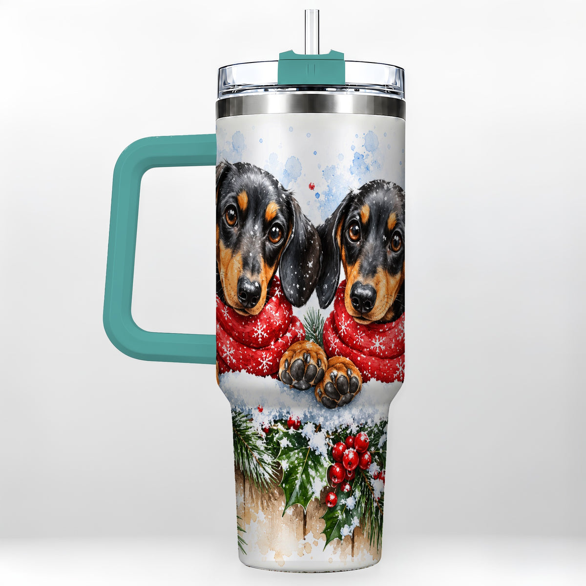 #pl[40oz|Green] Christmas Dachshund 40oz Tumbler with Handle, Winter Dog Travel Cup
