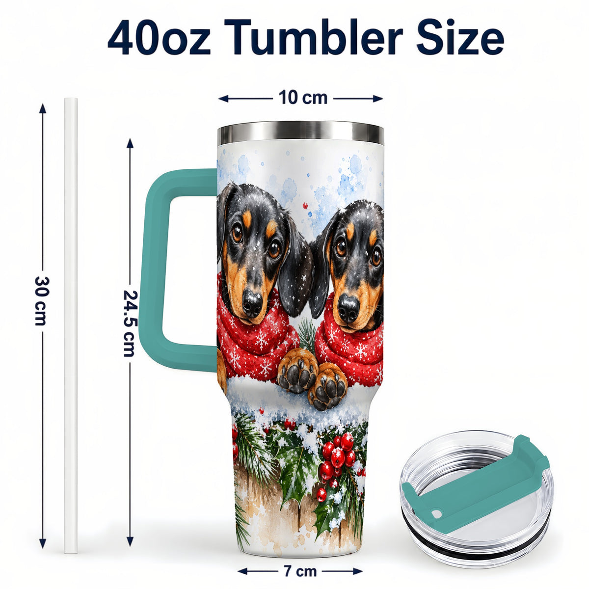 #pl[40oz|Green] Christmas Dachshund 40oz Tumbler with Handle, Winter Dog Travel Cup