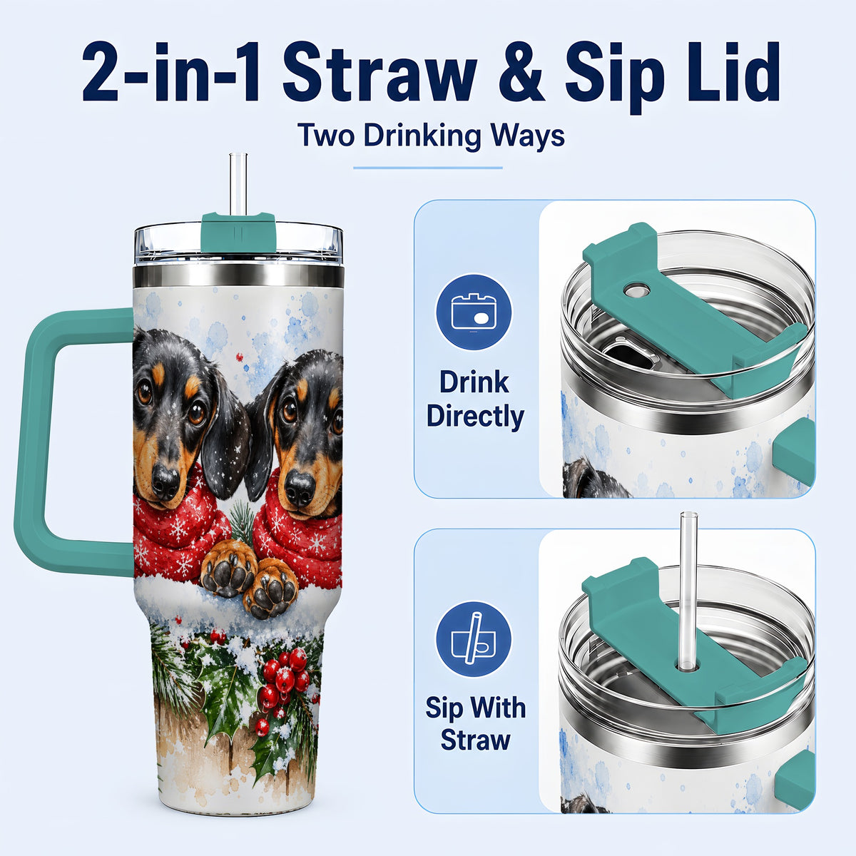 #pl[40oz|Green] Christmas Dachshund 40oz Tumbler with Handle, Winter Dog Travel Cup