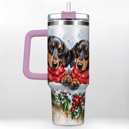 #pl[40oz|Pink] Christmas Dachshund 40oz Tumbler with Handle, Winter Dog Travel Cup