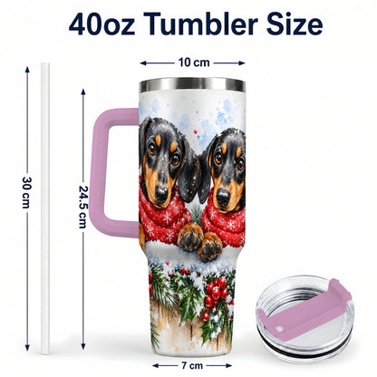 #pl[40oz|Pink] Christmas Dachshund 40oz Tumbler with Handle, Winter Dog Travel Cup