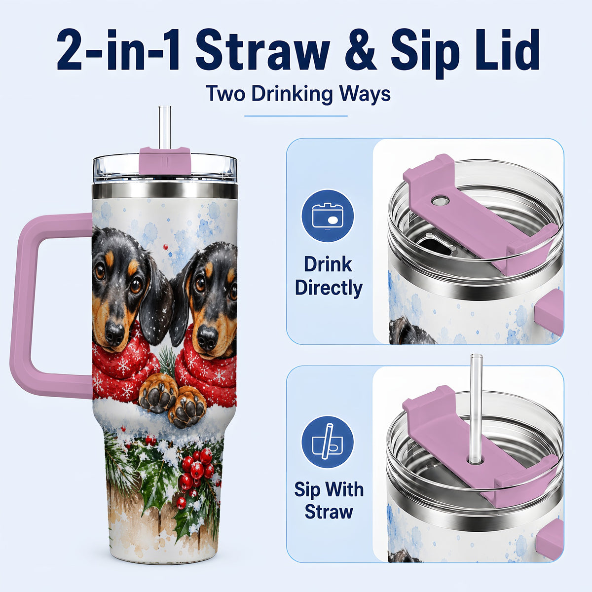 #pl[40oz|Pink] Christmas Dachshund 40oz Tumbler with Handle, Winter Dog Travel Cup