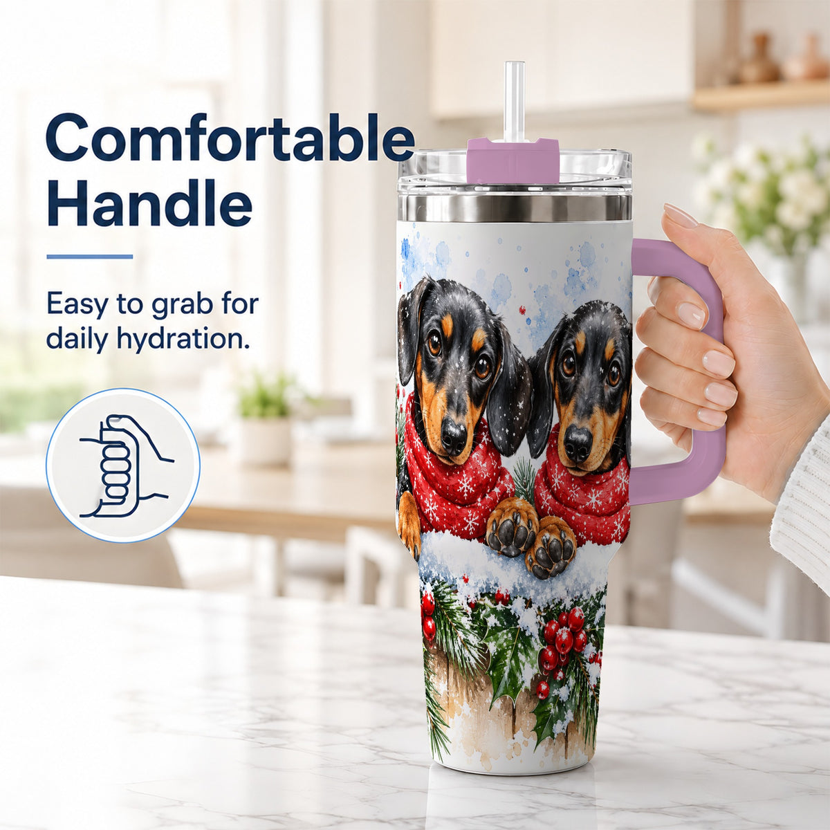 #pl[40oz|Pink] Christmas Dachshund 40oz Tumbler with Handle, Winter Dog Travel Cup