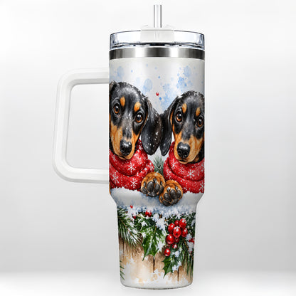 Christmas Dachshund 40oz Tumbler with Handle, Winter Dog Travel Cup