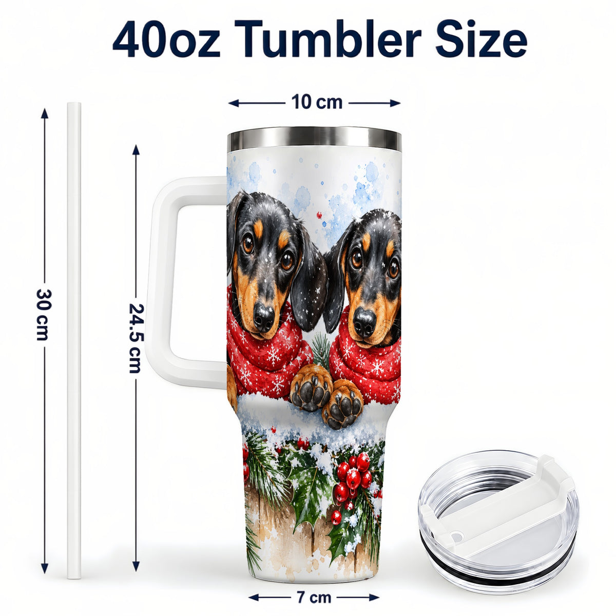 #pl[40oz|White] Christmas Dachshund 40oz Tumbler with Handle, Winter Dog Travel Cup