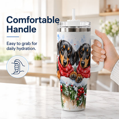 #pl[40oz|White] Christmas Dachshund 40oz Tumbler with Handle, Winter Dog Travel Cup