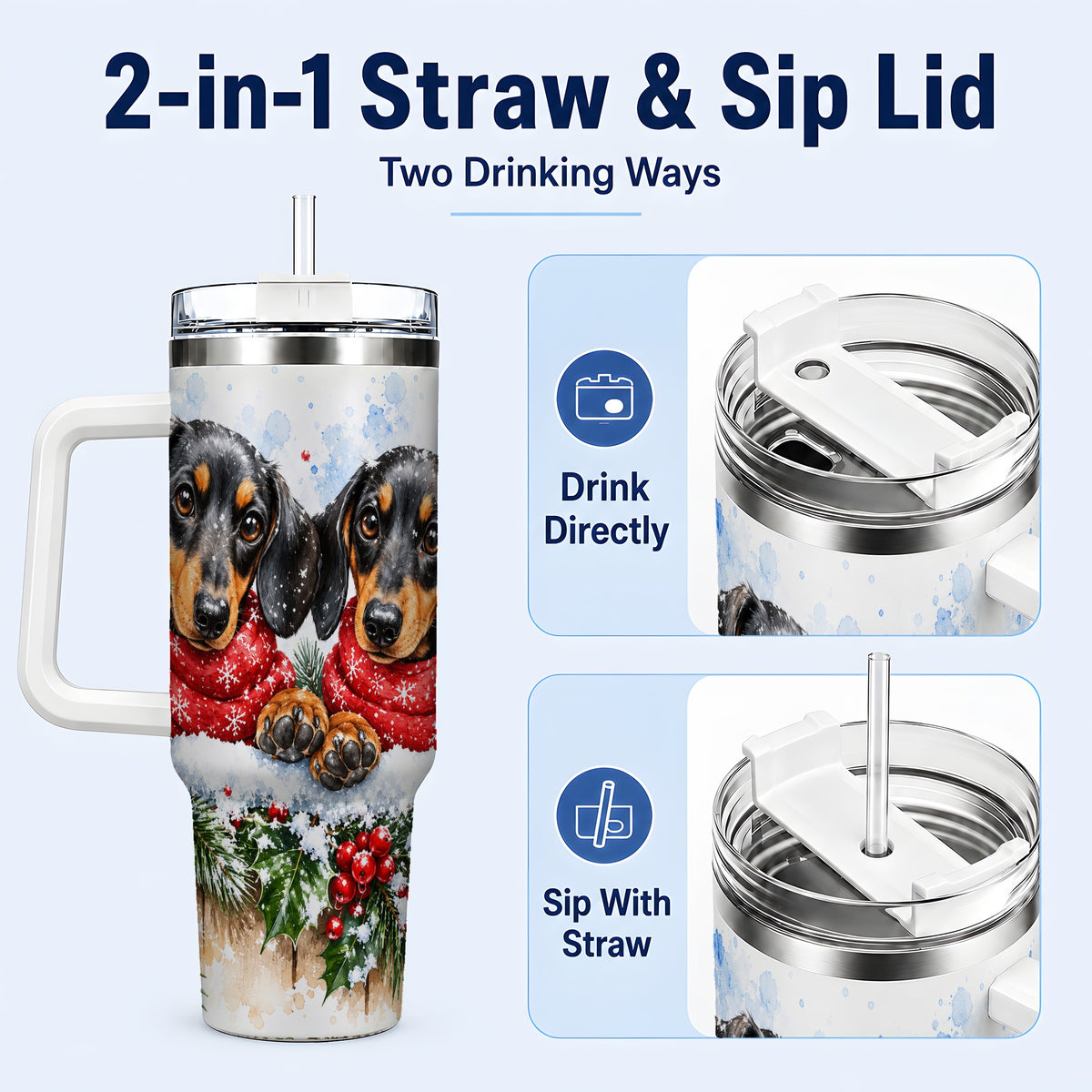 #pl[40oz|White] Christmas Dachshund 40oz Tumbler with Handle, Winter Dog Travel Cup