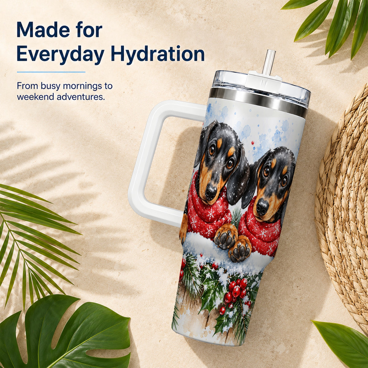 Christmas Dachshund 40oz Tumbler with Handle, Winter Dog Travel Cup