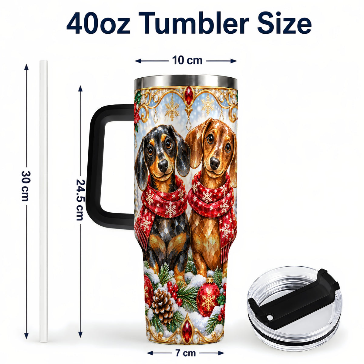 #pl[40oz|Black] Christmas Dachshund 40oz Tumbler with Handle, Jeweled Dog Travel Cup