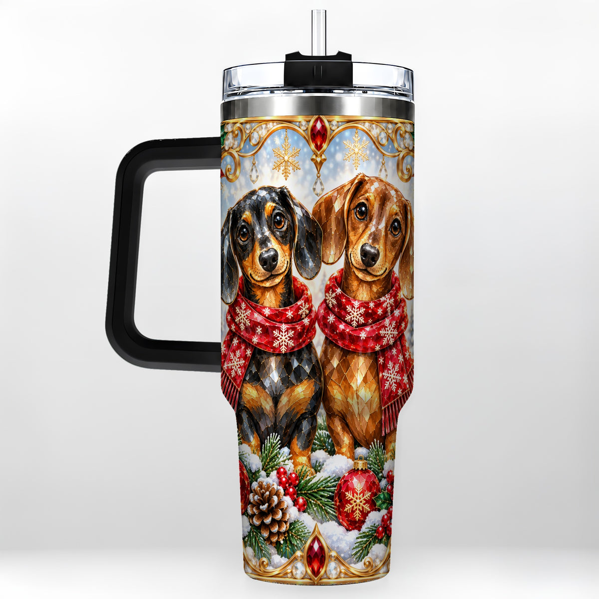 #pl[40oz|Black] Christmas Dachshund 40oz Tumbler with Handle, Jeweled Dog Travel Cup