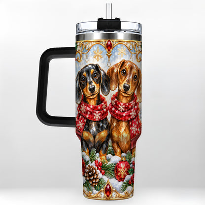 #pl[40oz|Black] Christmas Dachshund 40oz Tumbler with Handle, Jeweled Dog Travel Cup