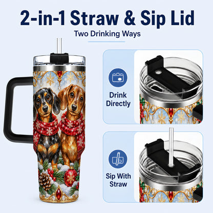 #pl[40oz|Black] Christmas Dachshund 40oz Tumbler with Handle, Jeweled Dog Travel Cup