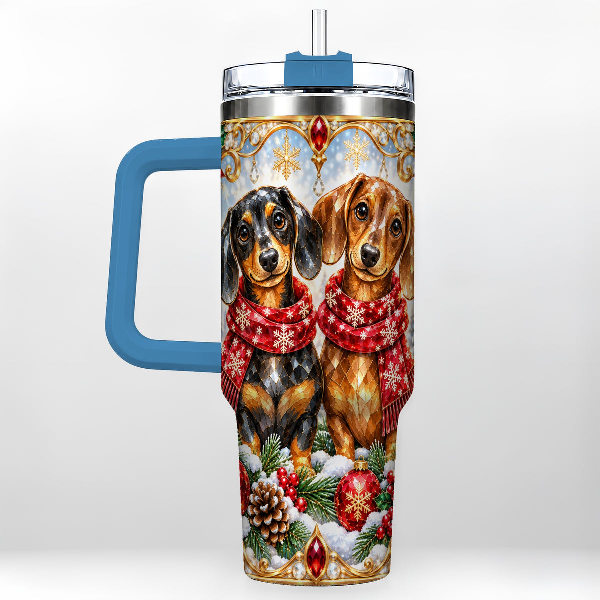 #pl[40oz|Blue] Christmas Dachshund 40oz Tumbler with Handle, Jeweled Dog Travel Cup