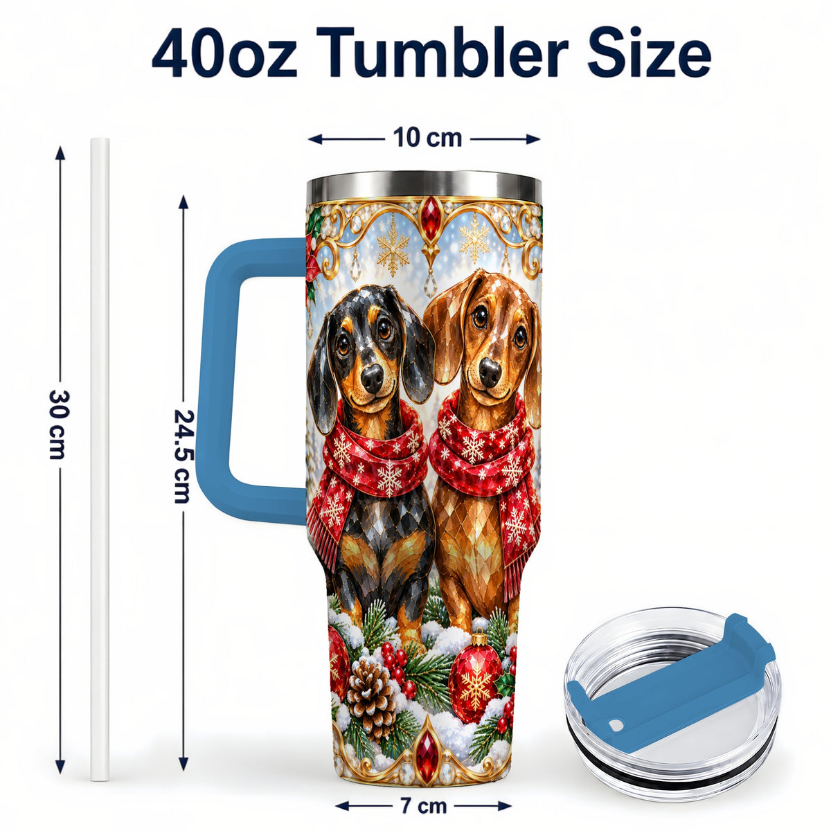 #pl[40oz|Blue] Christmas Dachshund 40oz Tumbler with Handle, Jeweled Dog Travel Cup
