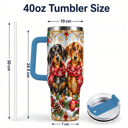 #pl[40oz|Blue] Christmas Dachshund 40oz Tumbler with Handle, Jeweled Dog Travel Cup