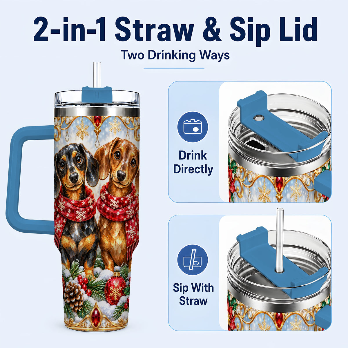 #pl[40oz|Blue] Christmas Dachshund 40oz Tumbler with Handle, Jeweled Dog Travel Cup