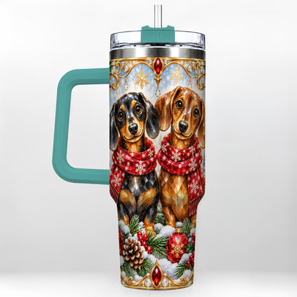 #pl[40oz|Green] Christmas Dachshund 40oz Tumbler with Handle, Jeweled Dog Travel Cup