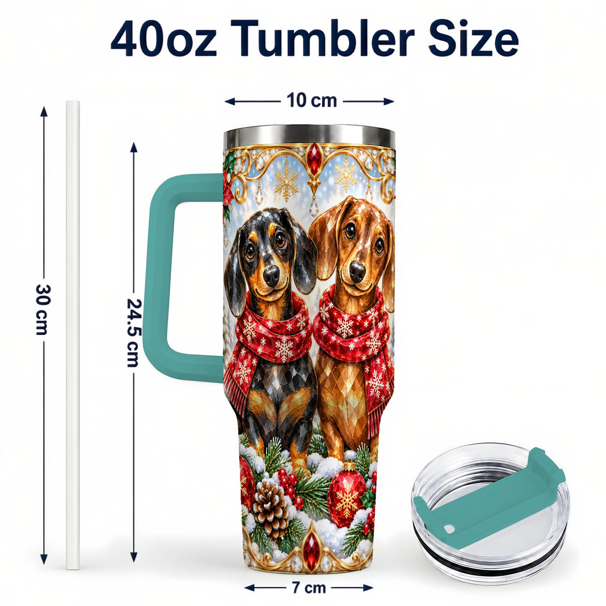 #pl[40oz|Green] Christmas Dachshund 40oz Tumbler with Handle, Jeweled Dog Travel Cup