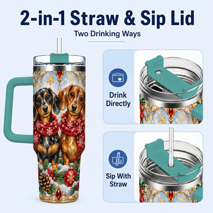 #pl[40oz|Green] Christmas Dachshund 40oz Tumbler with Handle, Jeweled Dog Travel Cup