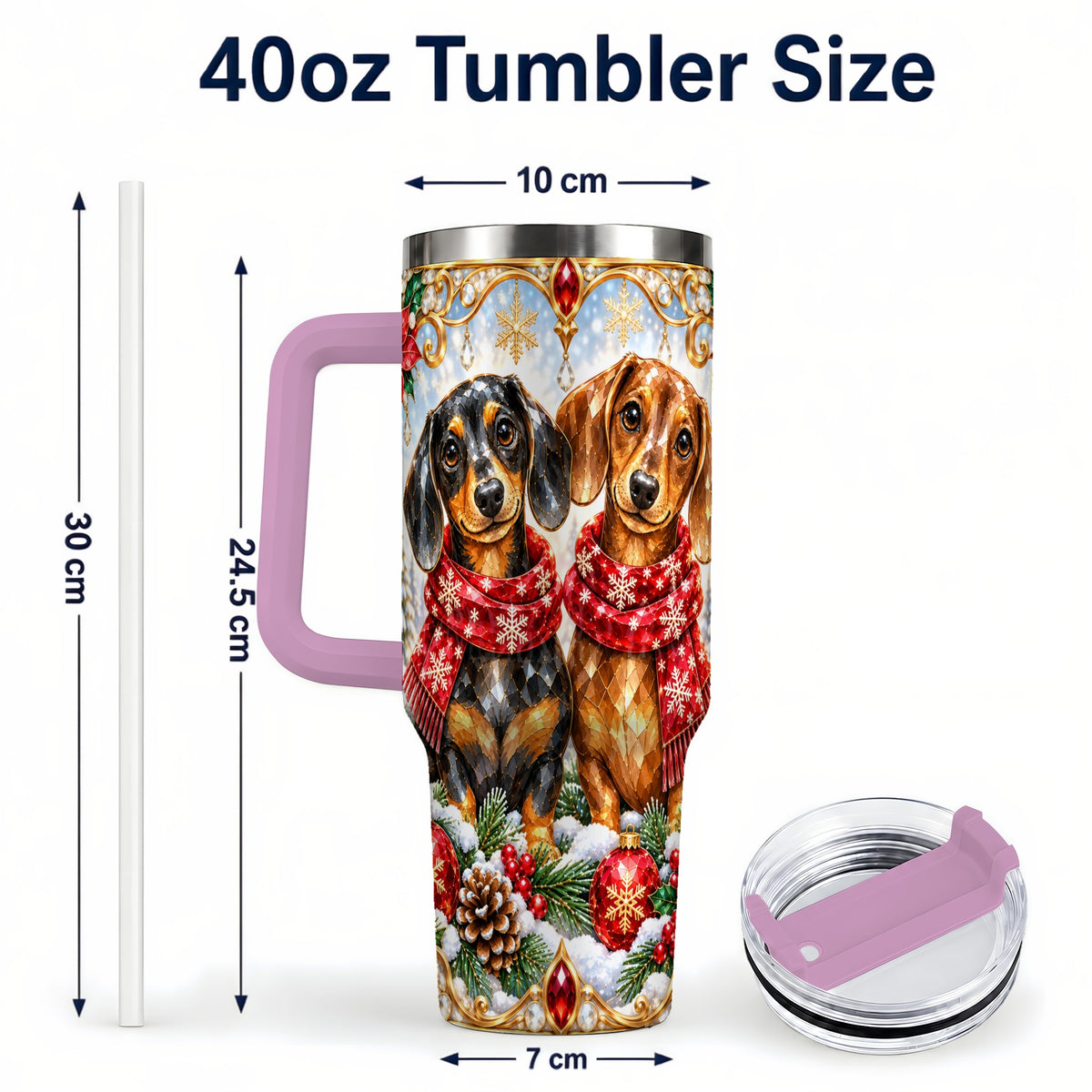 #pl[40oz|Pink] Christmas Dachshund 40oz Tumbler with Handle, Jeweled Dog Travel Cup