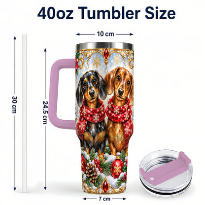 #pl[40oz|Pink] Christmas Dachshund 40oz Tumbler with Handle, Jeweled Dog Travel Cup