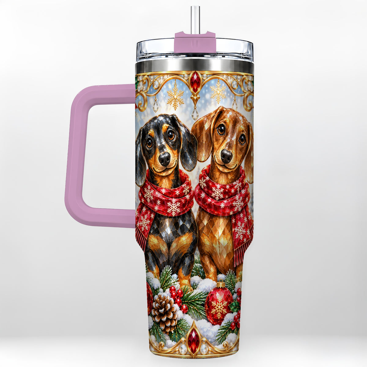 #pl[40oz|Pink] Christmas Dachshund 40oz Tumbler with Handle, Jeweled Dog Travel Cup