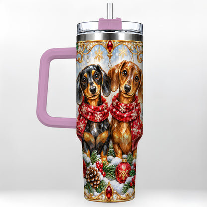 #pl[40oz|Pink] Christmas Dachshund 40oz Tumbler with Handle, Jeweled Dog Travel Cup