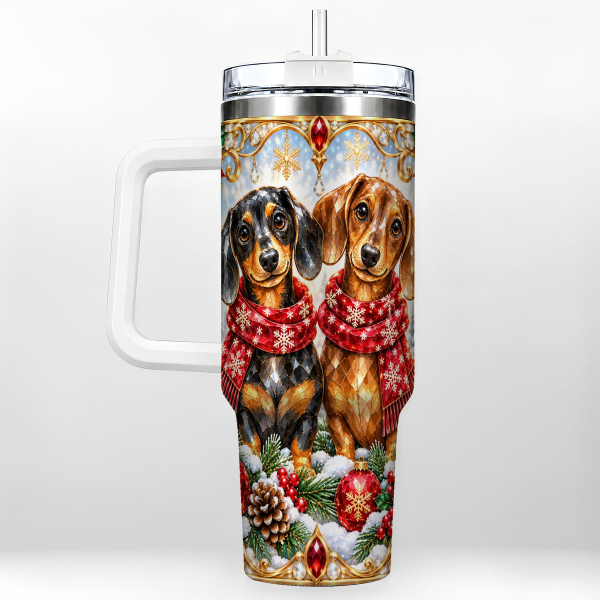 Christmas Dachshund 40oz Tumbler with Handle, Jeweled Dog Travel Cup