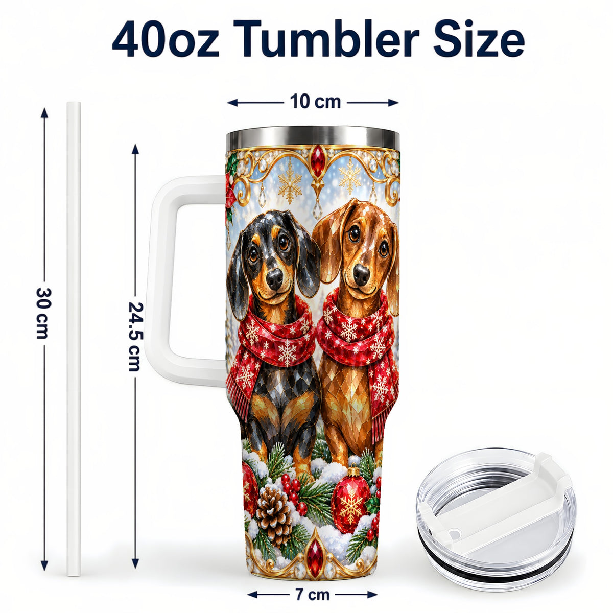 #pl[40oz|White] Christmas Dachshund 40oz Tumbler with Handle, Jeweled Dog Travel Cup