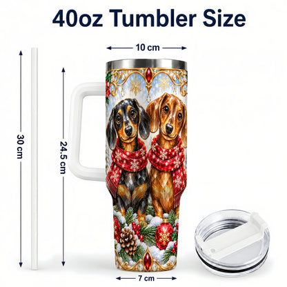 #pl[40oz|White] Christmas Dachshund 40oz Tumbler with Handle, Jeweled Dog Travel Cup