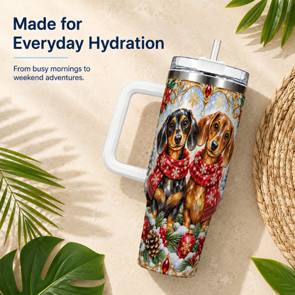 Christmas Dachshund 40oz Tumbler with Handle, Jeweled Dog Travel Cup