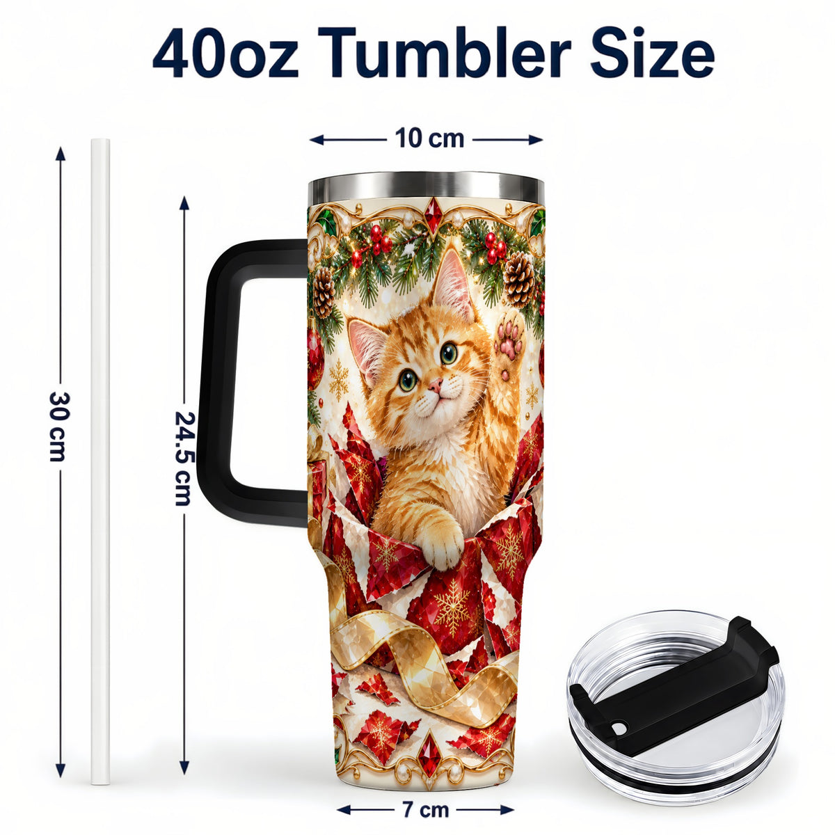 #pl[40oz|Black] Christmas Kitten 40oz Tumbler with Handle, Festive Cat Travel Cup