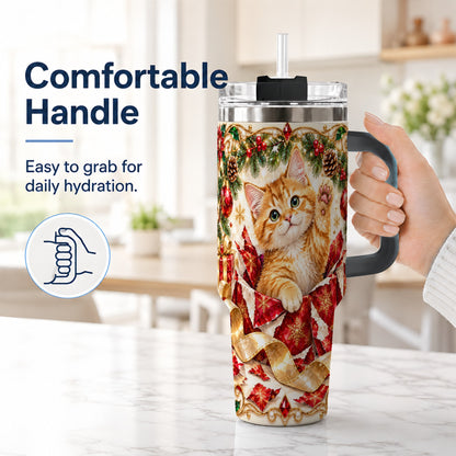 #pl[40oz|Black] Christmas Kitten 40oz Tumbler with Handle, Festive Cat Travel Cup