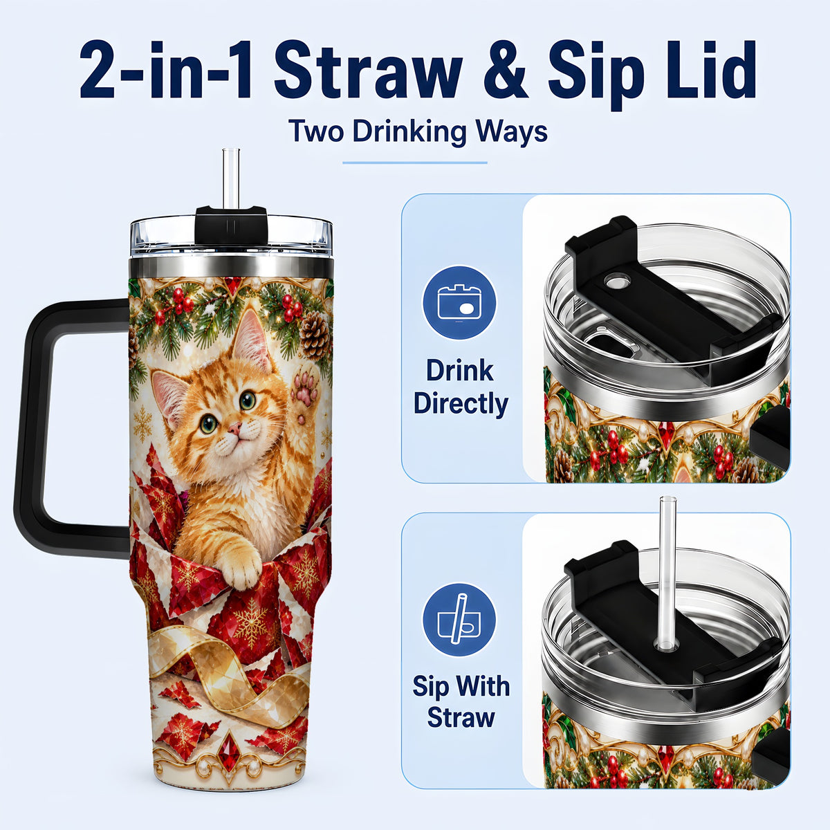 #pl[40oz|Black] Christmas Kitten 40oz Tumbler with Handle, Festive Cat Travel Cup